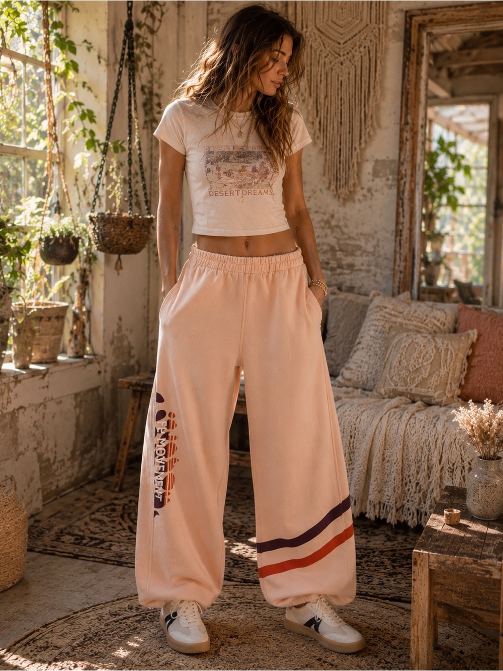 74🌟 NWT🌟Free People - All Star Logo Pants - Pastel Peach Sport Mode
